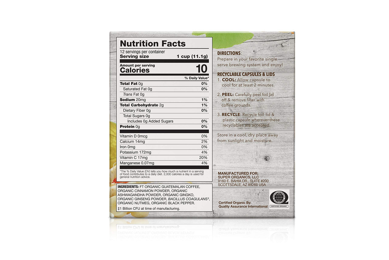Super Organics Focus Support Coffee Brew Cups With Superfoods & Probiotics, Keurig K-Cup Compatible, Adaptogens, Medium Roast, USDA Certified, Vegan, Non-GMO, 12 Count