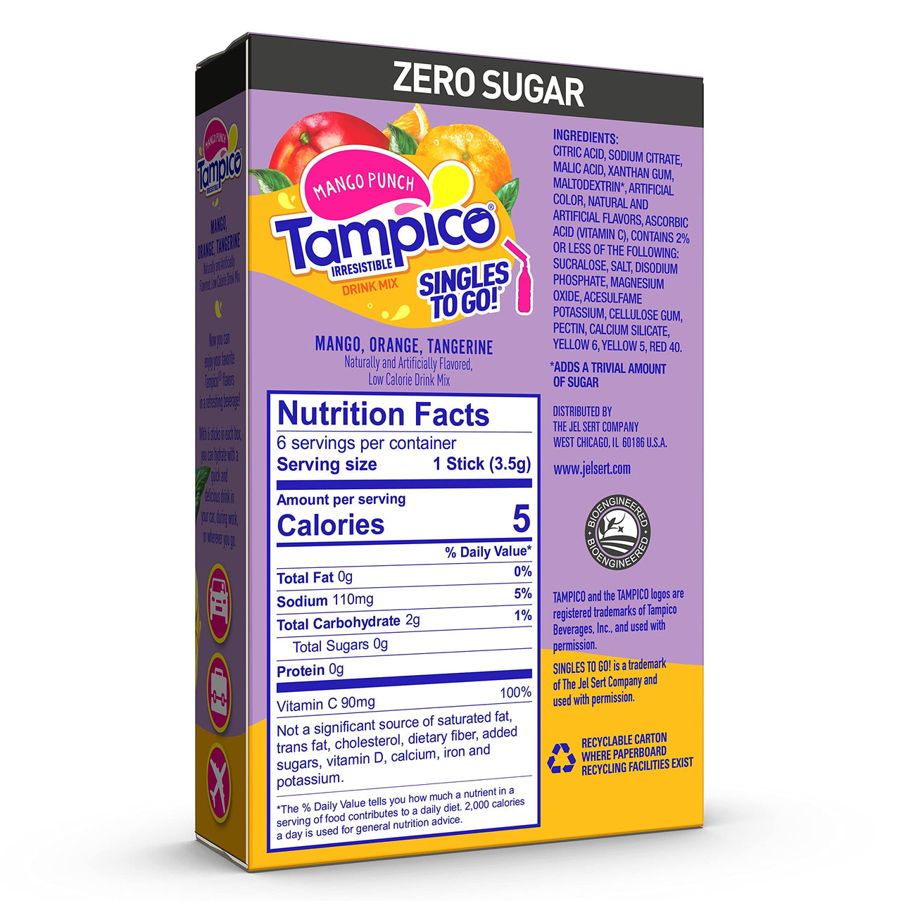 Tampico Singles To Go Drink Mix Packets, Mango Punch, Zero Sugar, Low Calorie, 100% DV of Vitamin C per Serving, Convenient, On-The-Go Water Enhancers, 6 Count