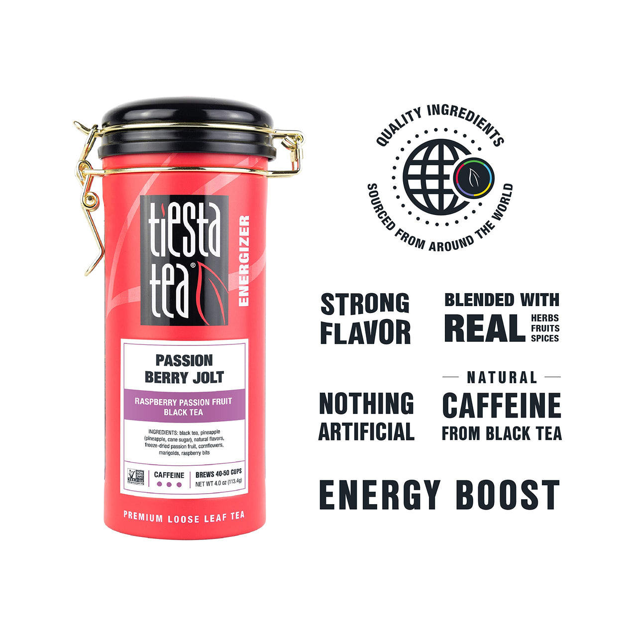 Tiesta Tea - Passion Berry Jolt, Loose Leaf Raspberry Passion Fruit Black Tea, High Caffeine, Hot & Iced Tea, 4 oz Tin - 50 Cups, Natural, Flavored, Black Tea Loose Leaf