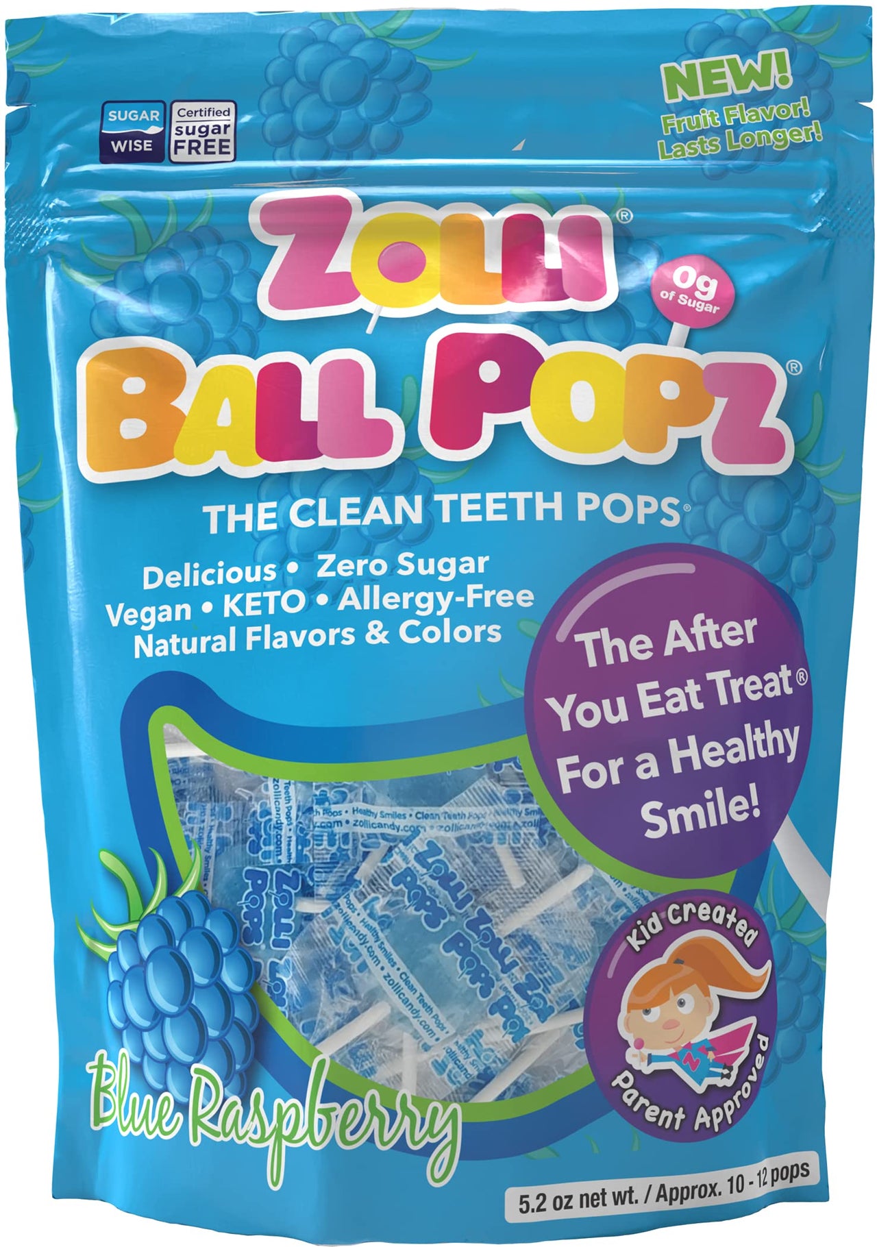 Zollipops Zolli Ball Popz Blue Raspberry, Sugar-free, Allergy-free, Vegan, KETO & Diabetic Friendly, Clean Teeth Candy