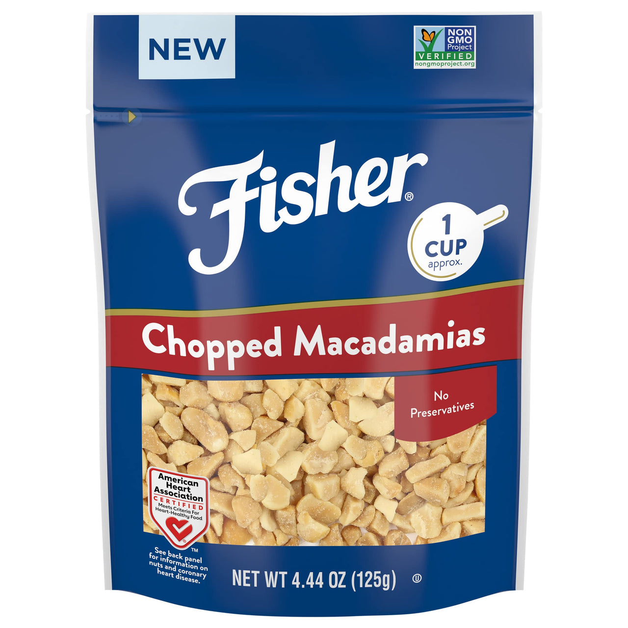 Fisher Macadamias Chopped Unsalted Culinary One-Cup 4.44 oz, Naturally Gluten Free, No Preservatives, Non-GMO, Keto, Paleo, Vegan Friendly