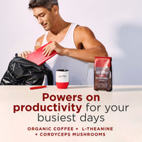 Organic High Caffeine Coffee by Four Sigmatic | Dark Roast Extra Strong Ground Coffee with L-Theanine & Cordyceps Mushroom Extract | Energy Booster Mushroom Super Coffee without the Jitters | 12oz Bag