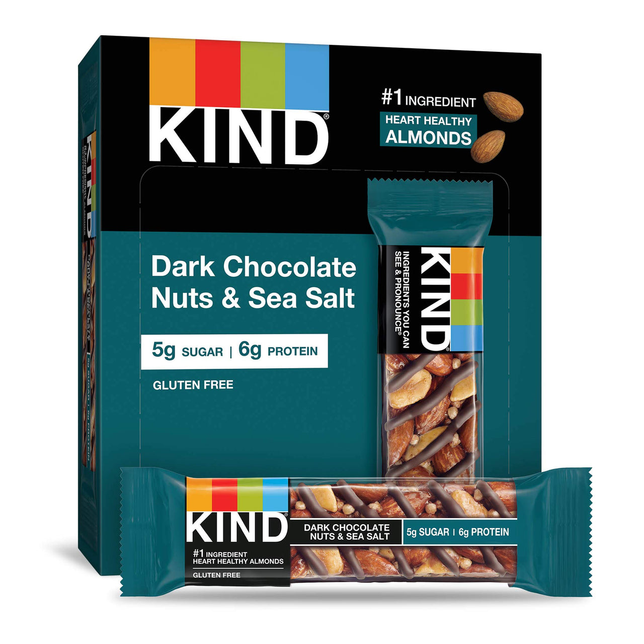 KIND Bars, Dark Chocolate Nuts & Sea Salt, Healthy Snacks, Gluten Free, Low Sugar, 6 Count