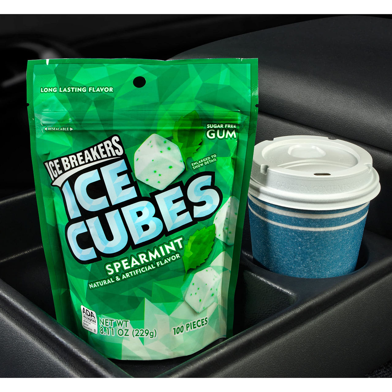 ICE BREAKERS ICE CUBES Spearmint With Cooling Crystals, Made with Xylitol Sugar Free Chewing Gum Pouch, 8.11 oz (100 Pieces)