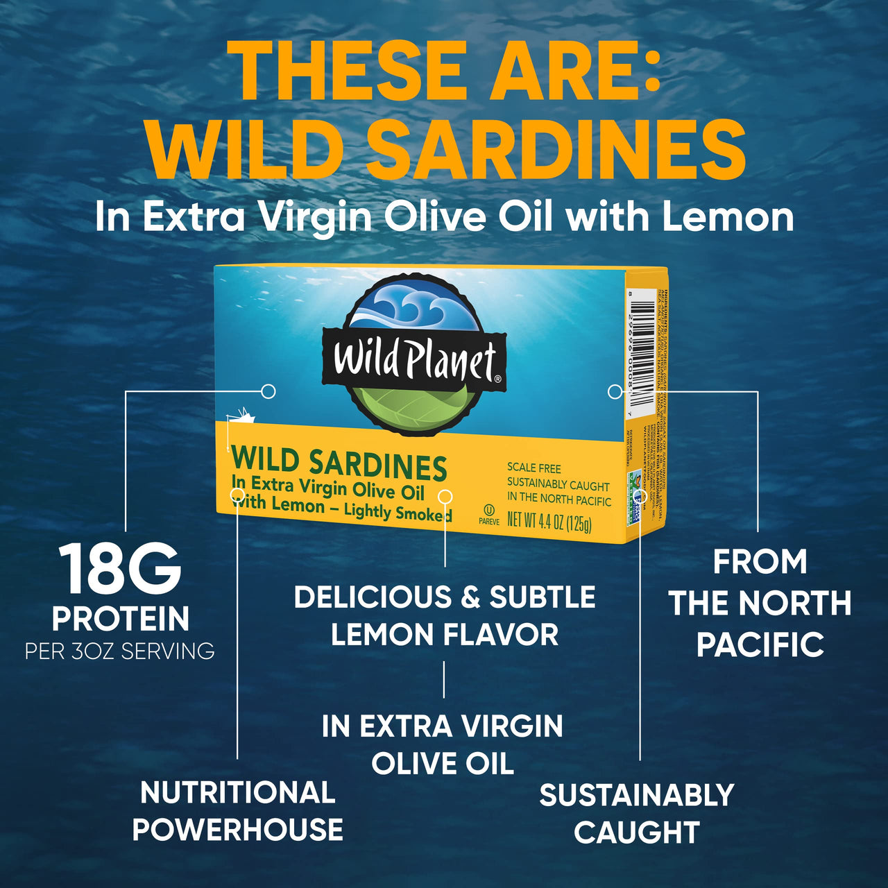 Wild Planet, Wild Sardines In Extra Virgin Olive Oil with Lemon, Lightly Smoked, Tinned Fish, Sustainably Caught, Non-GMO, Kosher, Gluten Free, Keto and Paleo, 4.4 Ounce Single Unit