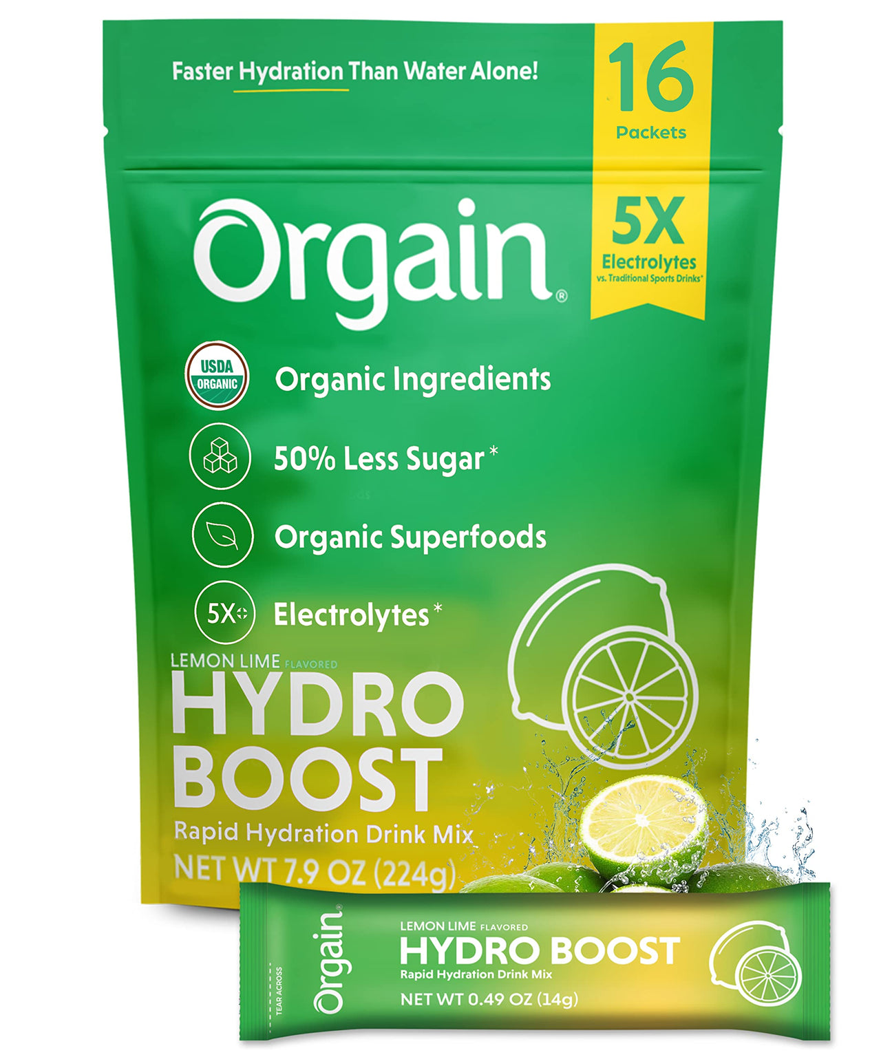 Organic Rapid Hydration Packets by Orgain, Lemon Lime Hydro Boost - Packed with Electrolytes & Superfoods, Less Sugar, Gluten Free, Vegan, No Soy Ingredients or Artificial Flavors, Non-GMO(Pack of 16)