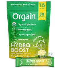 Organic Rapid Hydration Packets by Orgain, Lemon Lime Hydro Boost - Packed with Electrolytes & Superfoods, Less Sugar, Gluten Free, Vegan, No Soy Ingredients or Artificial Flavors, Non-GMO(Pack of 16)
