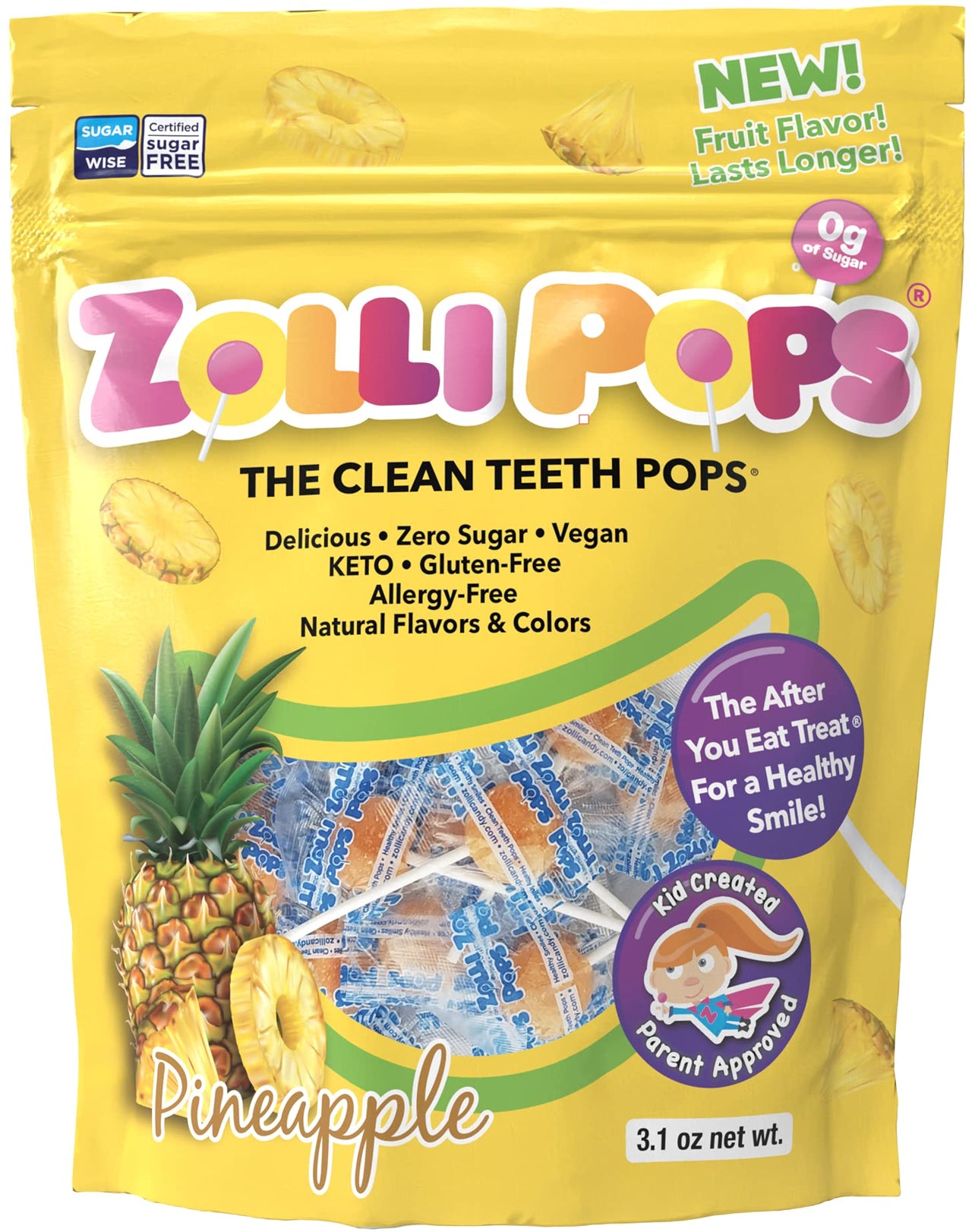 Zollipops Clean Teeth Lollipops | Anti-Cavity, Sugar Free Candy with Xylitol for a Healthy Smile - Great for Kids, Diabetics and Keto Diet (Pineapple, 3.1oz), Assorted, (3339)