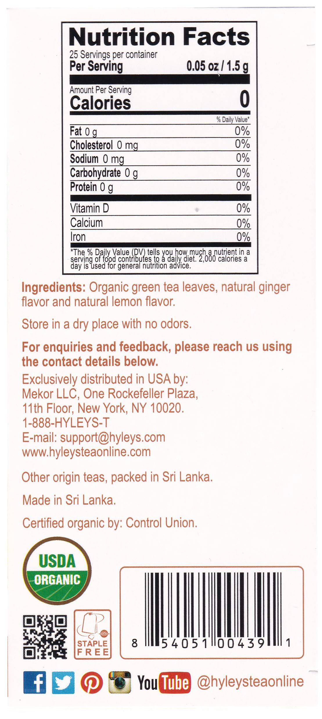 Hyleys Organic Ginger and Lemon Flavor Green Tea - 25 Tea Bags (100% Natural, Sugar Free, Gluten Free and Non-GMO)