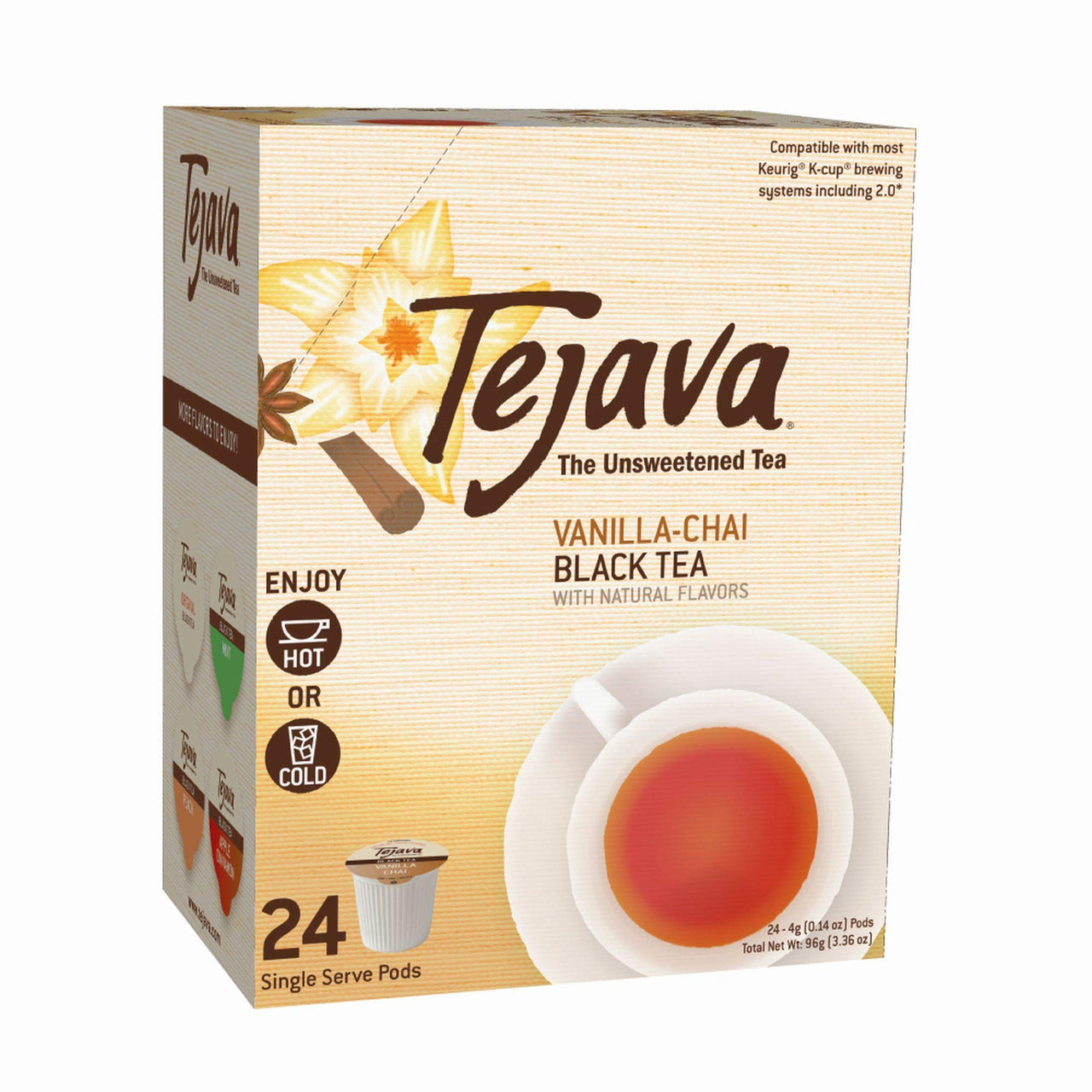 Tejava Unsweetened Black Tea with Natural Vanilla Chai Flavor Pods, Award-Winning Tea, 100% recyclable Single Serve Cups (24 Pack)