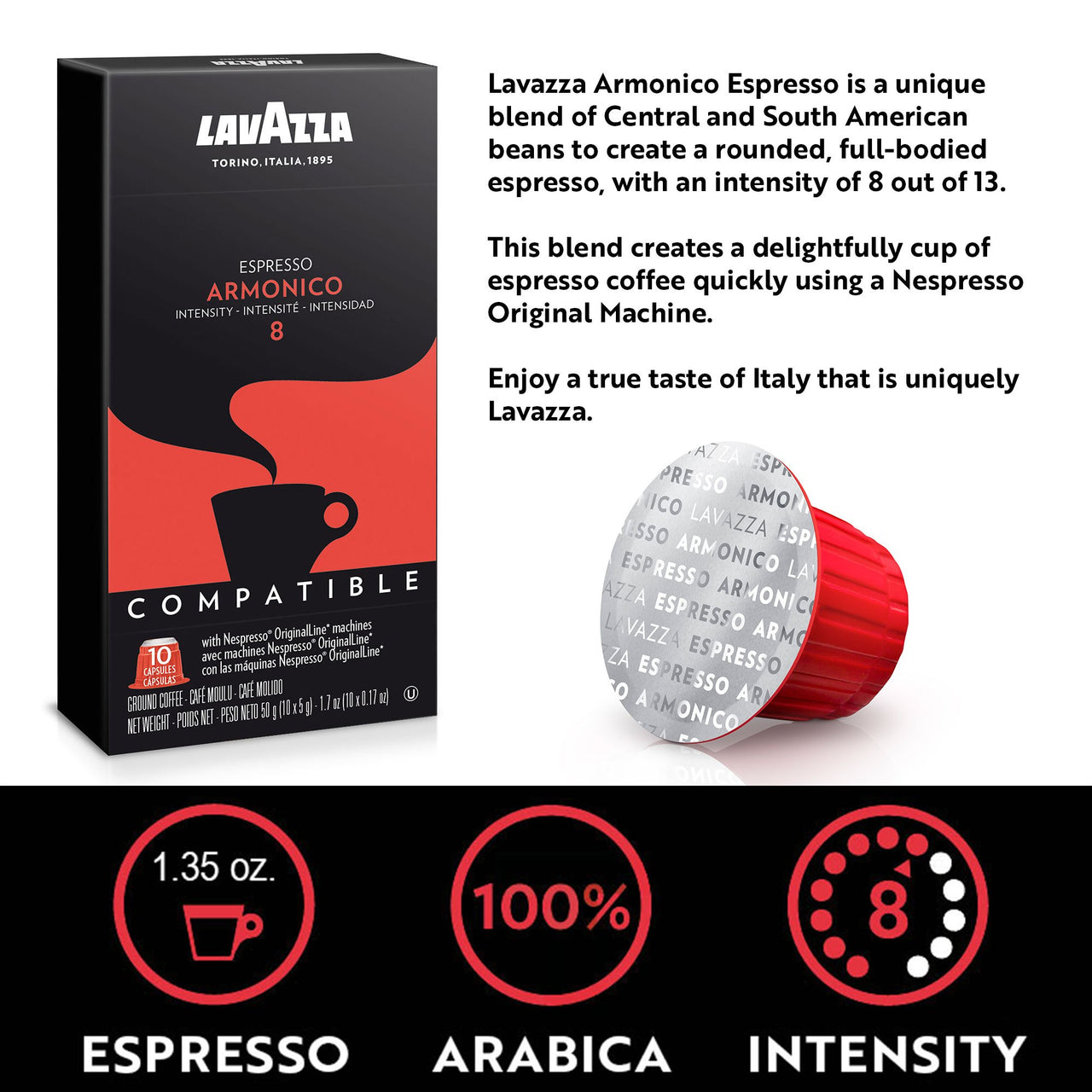 Lavazza Armonico Dark Roast Coffee Capsules Compatible with Nespresso Original Machines, Blended and roasted in Italy, Dark roast with full bodied Flavor and Notes (10 pack)