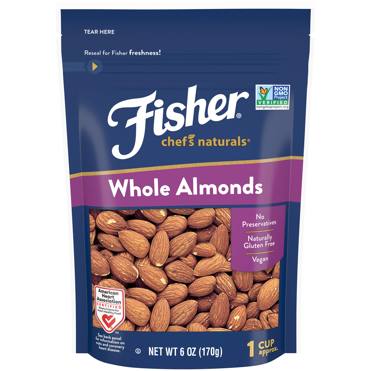 Fisher Whole Almonds, 6 Ounces, Unsalted, Low Carb Snack, No Preservatives, Naturally Gluten Free, Non-GMO, Keto, Paleo, Vegan Friendly