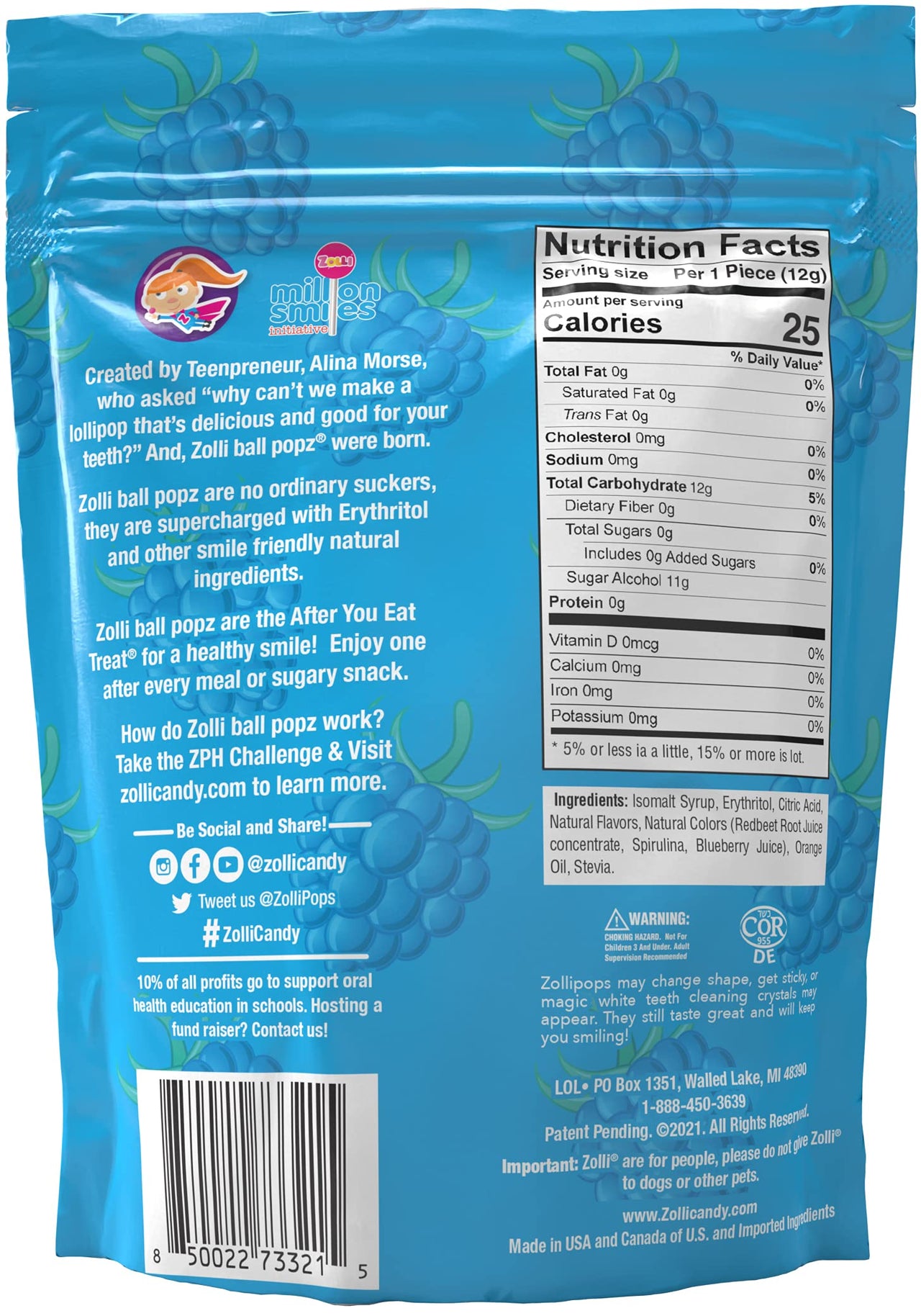 Zollipops Zolli Ball Popz Blue Raspberry, Sugar-free, Allergy-free, Vegan, KETO & Diabetic Friendly, Clean Teeth Candy