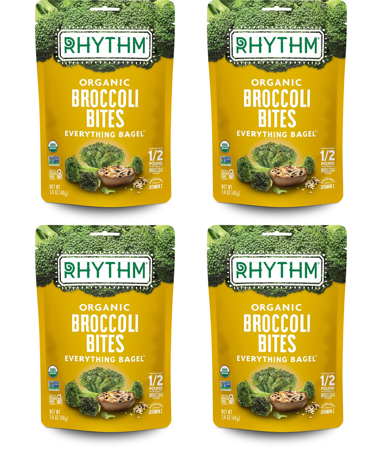 Rhythm Superfoods Crunchy Broccoli Bites - Organic & Non-GMO, Vegan, Gluten-Free, Vegetable Superfoods - Everything Bagel, 1.4 Oz (Pack of 4)