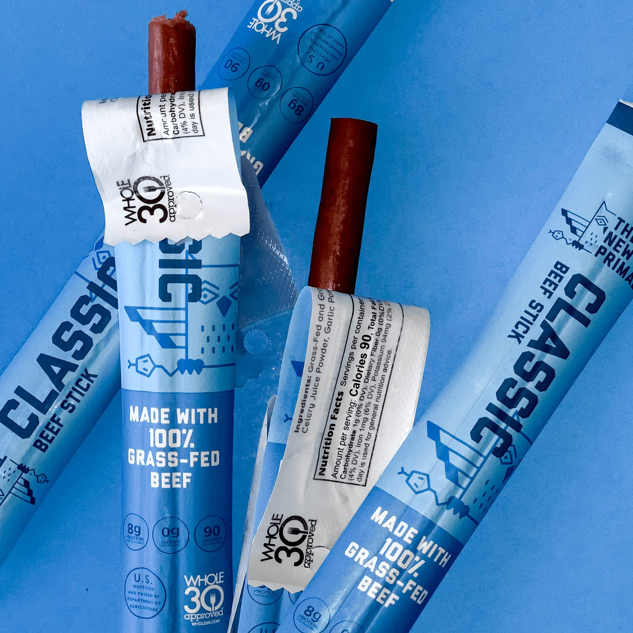 The New Primal Classic Beef Stick - 1 oz Meat Stick - 100% Grass-Fed Beef Snack - Whole30 Approved, Certified Paleo, Keto-Friendly, and Gluten-Free Meat Snack with 6g of Protein