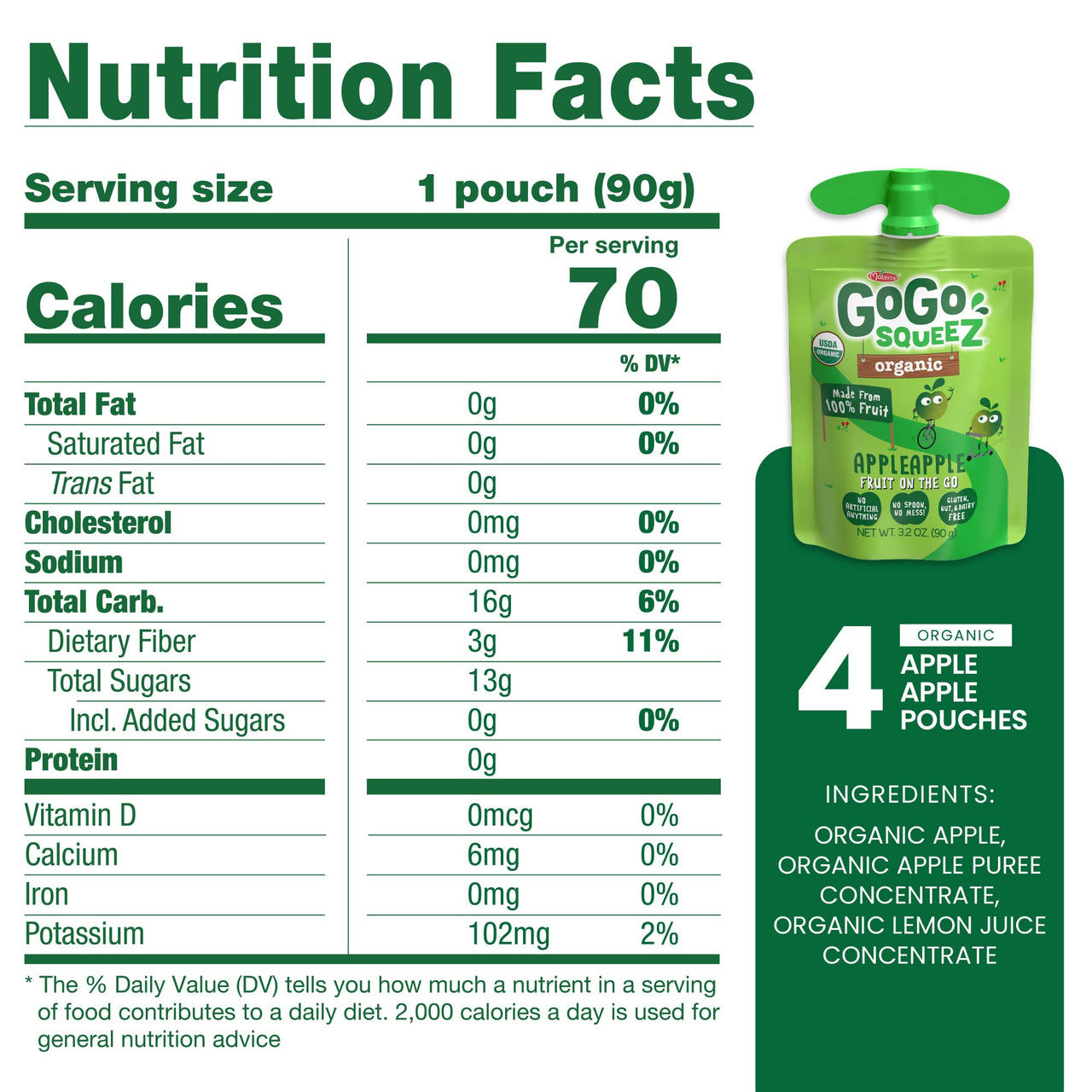 GoGo squeeZ Fruit on the Go, Apple Apple, 3.2 oz. (4 Pouches) - Tasty Kids Applesauce Snacks Made from Apples - Gluten Free Snacks for Kids - Nut & Dairy Free - Vegan Snacks