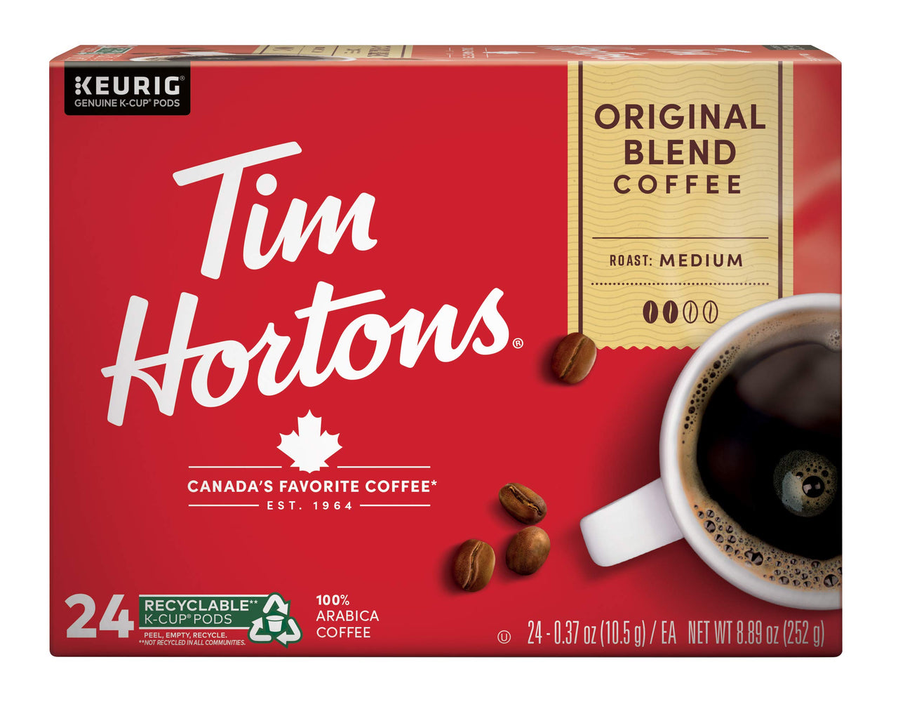 Tim Hortons Original Blend, Medium Roast Coffee, Single-Serve K-Cup Pods Compatible with Keurig Brewers, 24ct K-Cups
