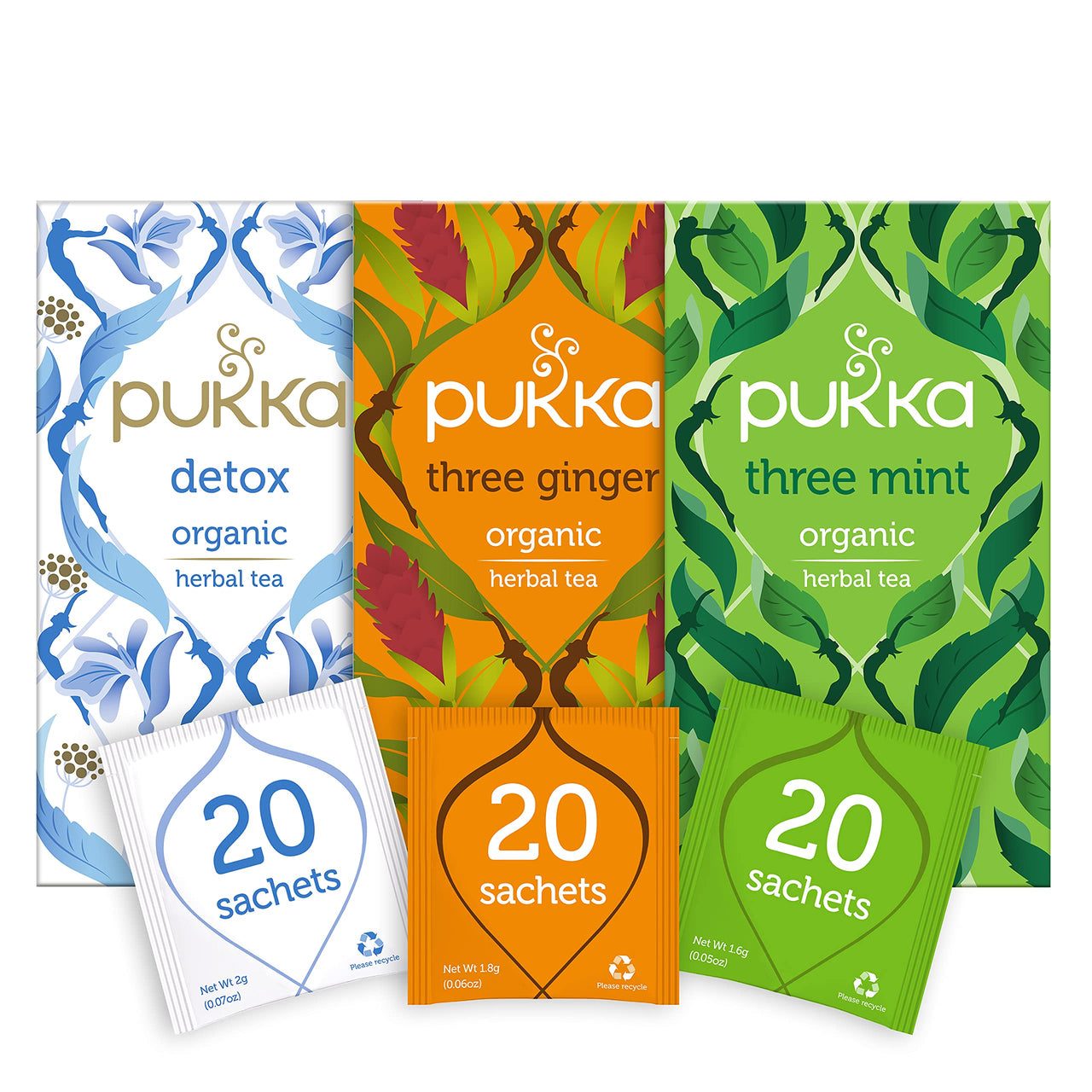 Pukka Organic Tea Bags, Digestion Organic Tea Bundle Herbal Tea with Three Mint, Three Ginger & Detox, 20 Count (Pack of 3)