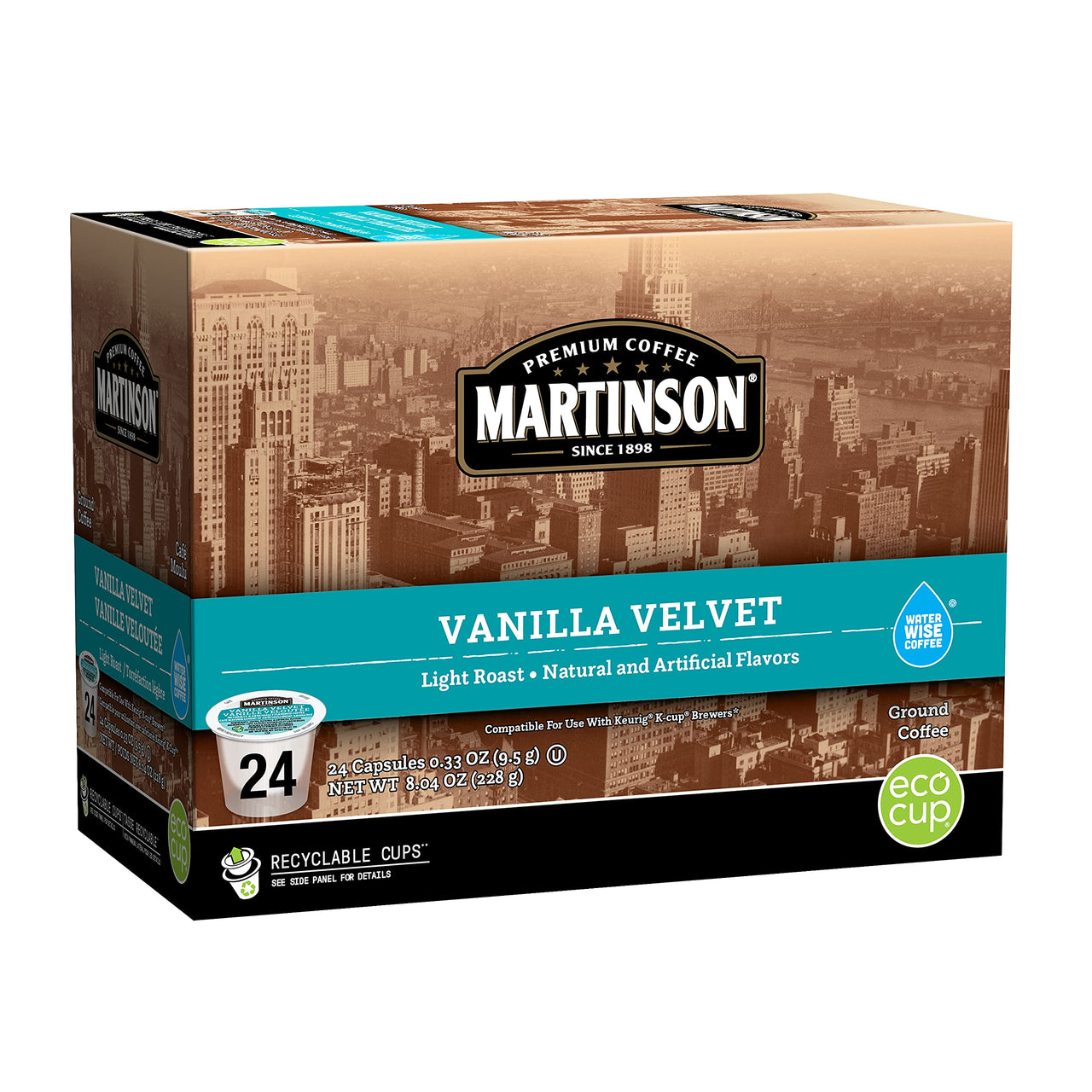 Martinson Vanilla Velvet Flavored Coffee, Light Roast, Keurig K-Cup Brewer Compatible Pods, 24 Count (Pack of 1)