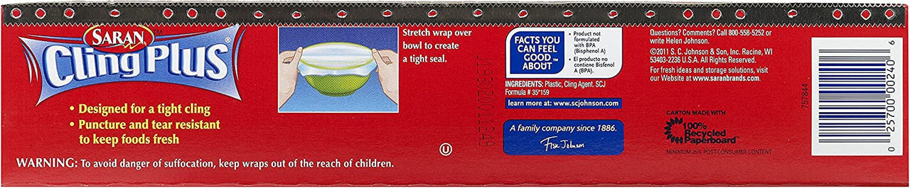 Saran Cling Plus Plastic Wrap, 200 Sq Ft, 1 Count (Pack of 1)