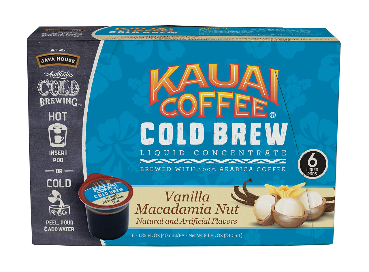 Java House Cold Brew Coffee Concentrate Single Serve Liquid Pods - 1.35 Fluid Ounces Each (Kauai Vanilla Macadamia Nut, 6 Count)