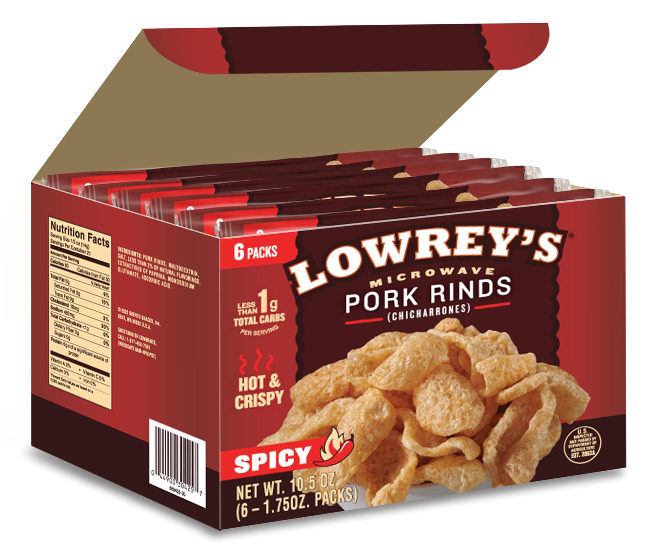 Lowrey's  Bacon Curls Microwave Pork Rinds (Chicharrones), Hot and Spicy, 1.75 Ounce (Pack of 6)