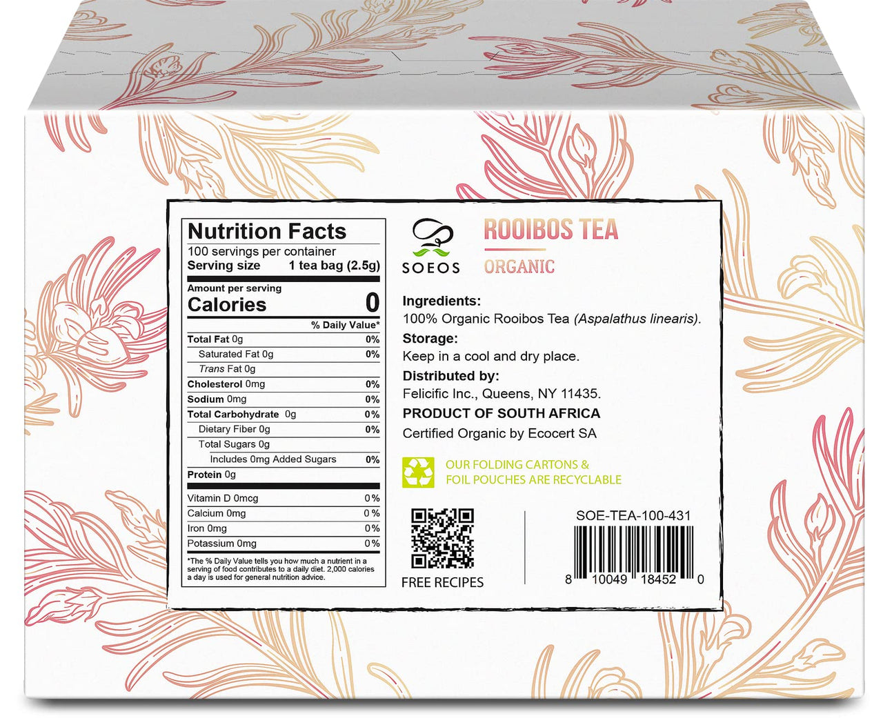 Soeos Rooibos Tea, Rooibos Tea Organic, Rooibos Tea Bags (100 Count), Naturally Sweet Herbal Tea, Caffeine Free, USDA Organic, Red Rooibos Tea Farmed in South Africa 9oz (250g)