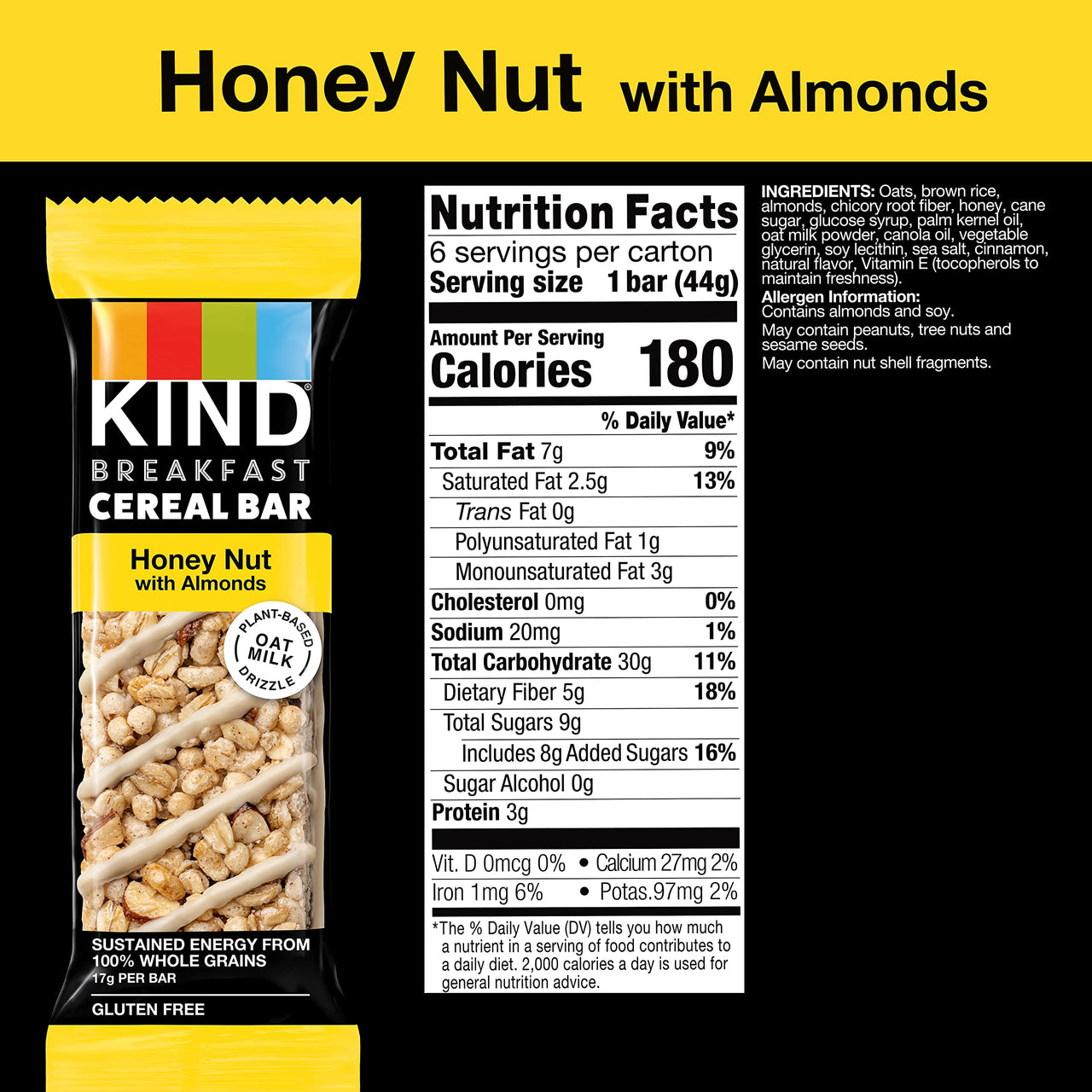 KIND Breakfast Cereal Bars, Gluten Free Snacks, Honey Nut with Almonds, 9.3oz Box (6 Bars)