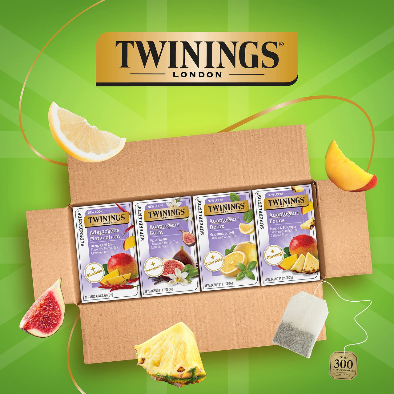 Twinings Superblends Adaptogens Wellness, Flavoured Herbal & Green Tea Variety Sampler Pack, 18 Count (Pack of 4)