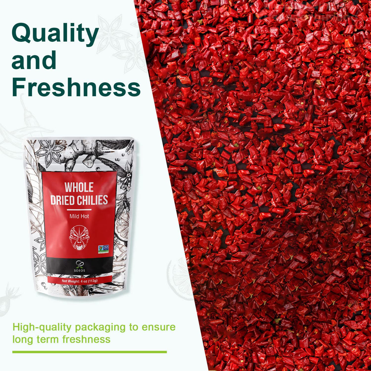 Soeos Whole Dried Chilies 4 oz, Mild Spicy Chili Peppers, Red Chili Pepper, Natural, Premium and Dry Sichuan Chile Peppers, Sichuan Pepper, Dried Peppers  Great for Mexican Recipes