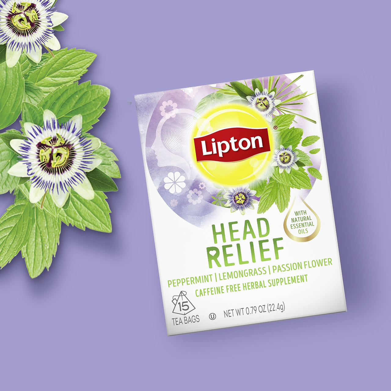 Lipton Head Relief Herbal Tea, Peppermint Lemongrass Passion Flower, Caffeine-Free, Tea Bags 15 Count, 4-box count