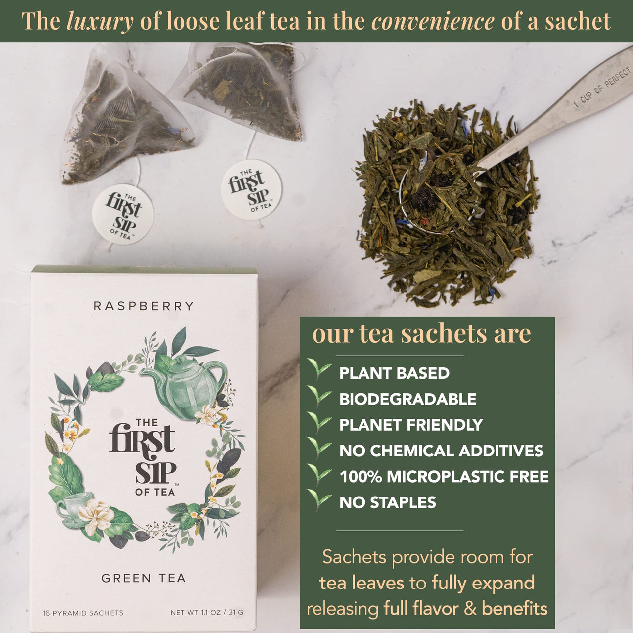 Raspberry Green Tea, Pyramid Sachet Tea Bags, Blackberry & Raspberry Fruit, Caffeine, Hot & Iced Tea with Antioxidants - 16 Cups | The Spice Hut, First Sip of Tea
