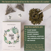 Raspberry Green Tea, Pyramid Sachet Tea Bags, Blackberry & Raspberry Fruit, Caffeine, Hot & Iced Tea with Antioxidants - 16 Cups | The Spice Hut, First Sip of Tea