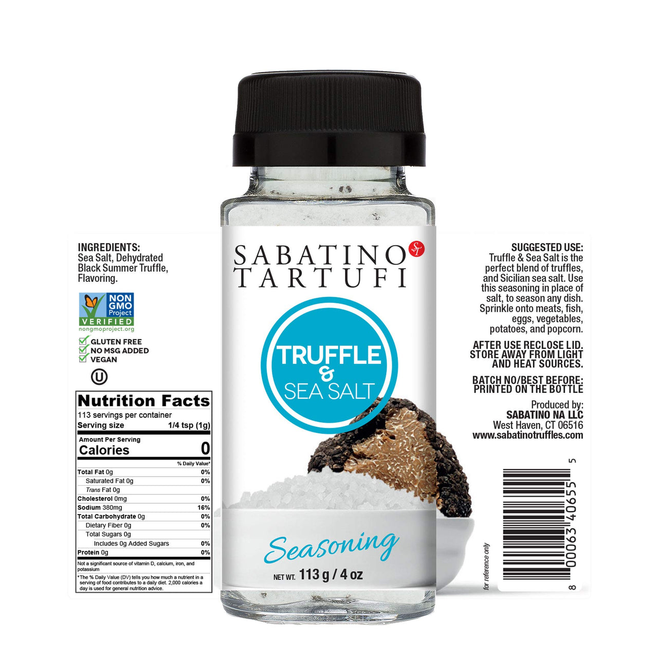 Sabatino Tartufi Truffle Salt Shaker, All Natural Gourmet Truffle Salt Seasoning, Sicilian Sea Salt,Kosher, Non-Gmo Project Verified, 4 oz