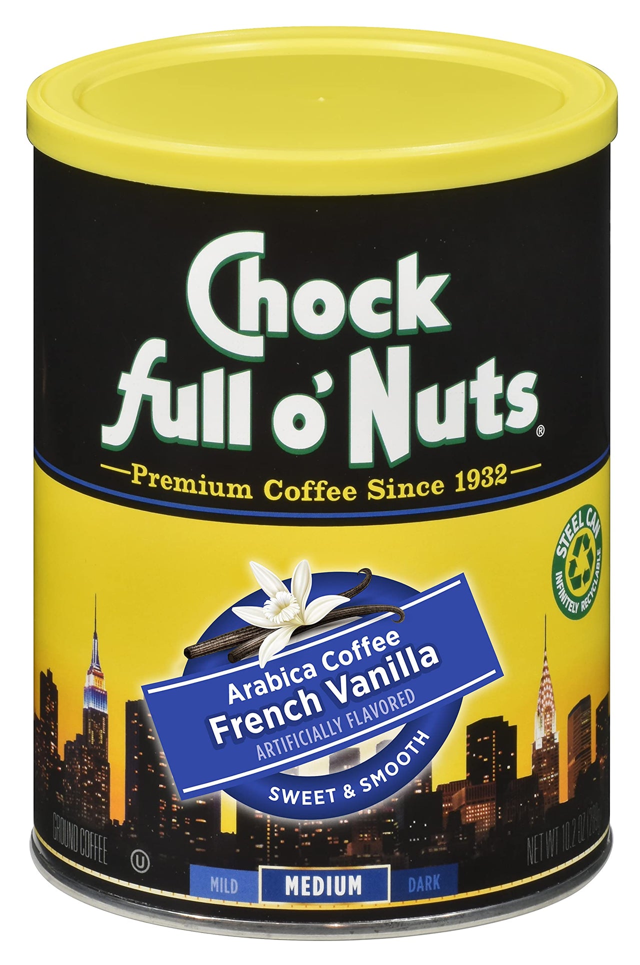 Chock Full oNuts French Vanilla Ground Coffee (10.2 Oz. Can)  Arabica Coffee Beans  Aromatic and Smooth with a Sweet Vanilla Flavor