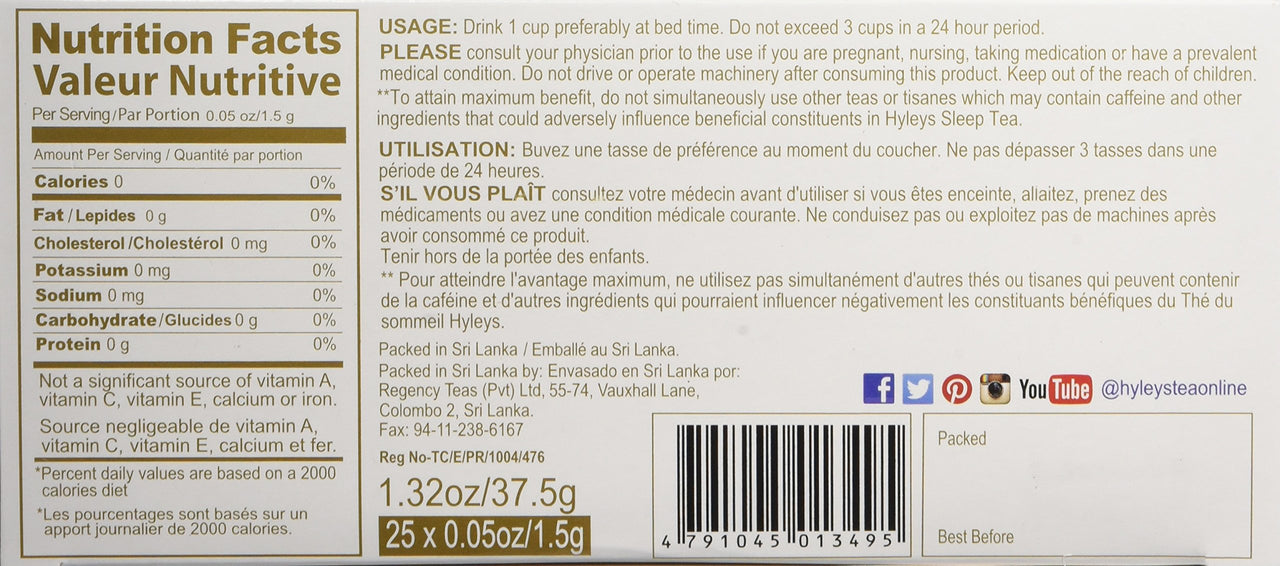 HYLEYS Tea Sleep Mint Herbal Tea - 25 Tea Bags (Caffeine Free, Gmo Free, Gluten Free, Dairy Free, Sugar Free & 100% Natural, Decaf)