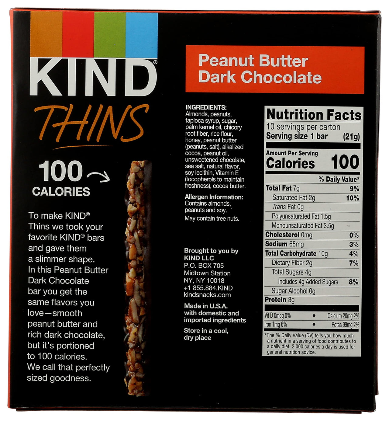 KIND THINS Peanut Butter Dark Chocolate Bars, Gluten Free, 100 Calories, 0.74 oz bars, 10 count