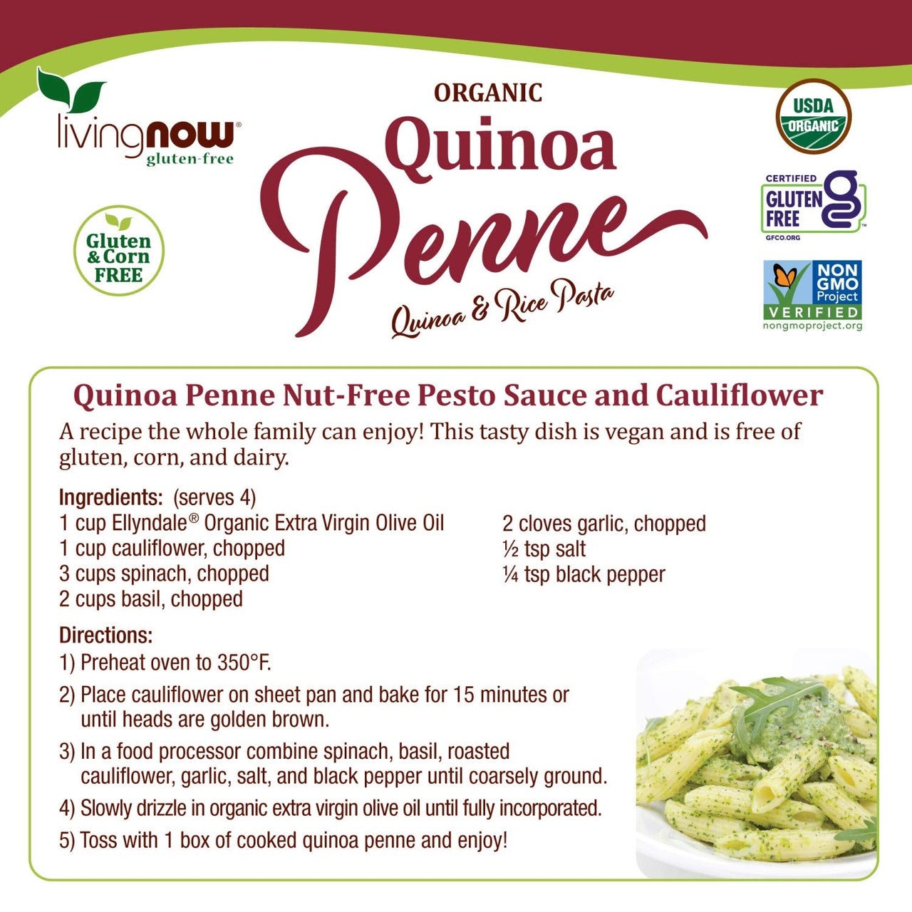 NOW Foods, Organic Quinoa Penne, Gluten-Free, Corn-Free, Non-GMO, Quinoa and Rice Pasta, 8-Ounce