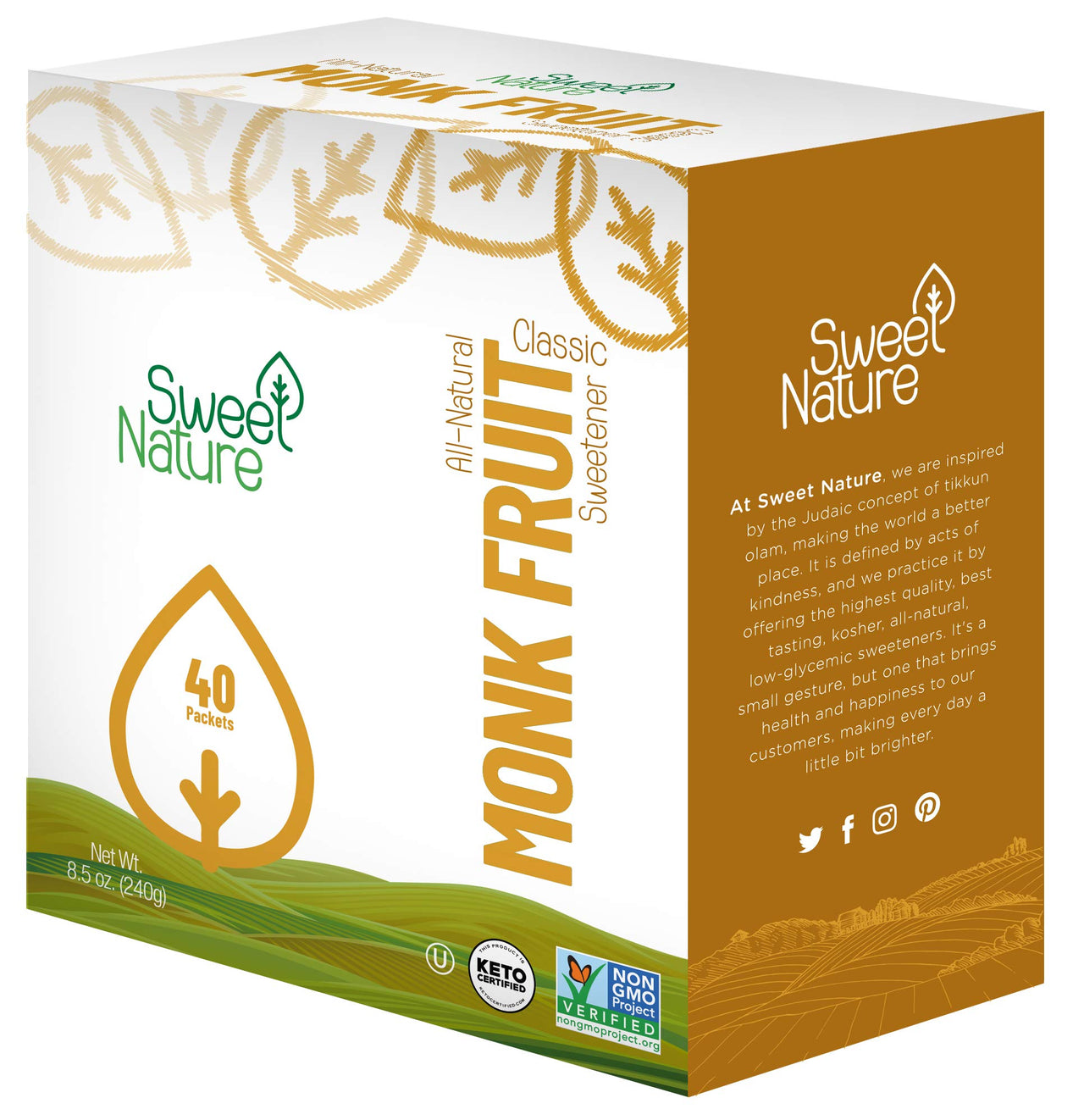 Sweet Nature, Monk Fruit Sweetener Classic Non GMO Gluten Free Sugar Substitute, 8.5 Ounce (Pack of 40)