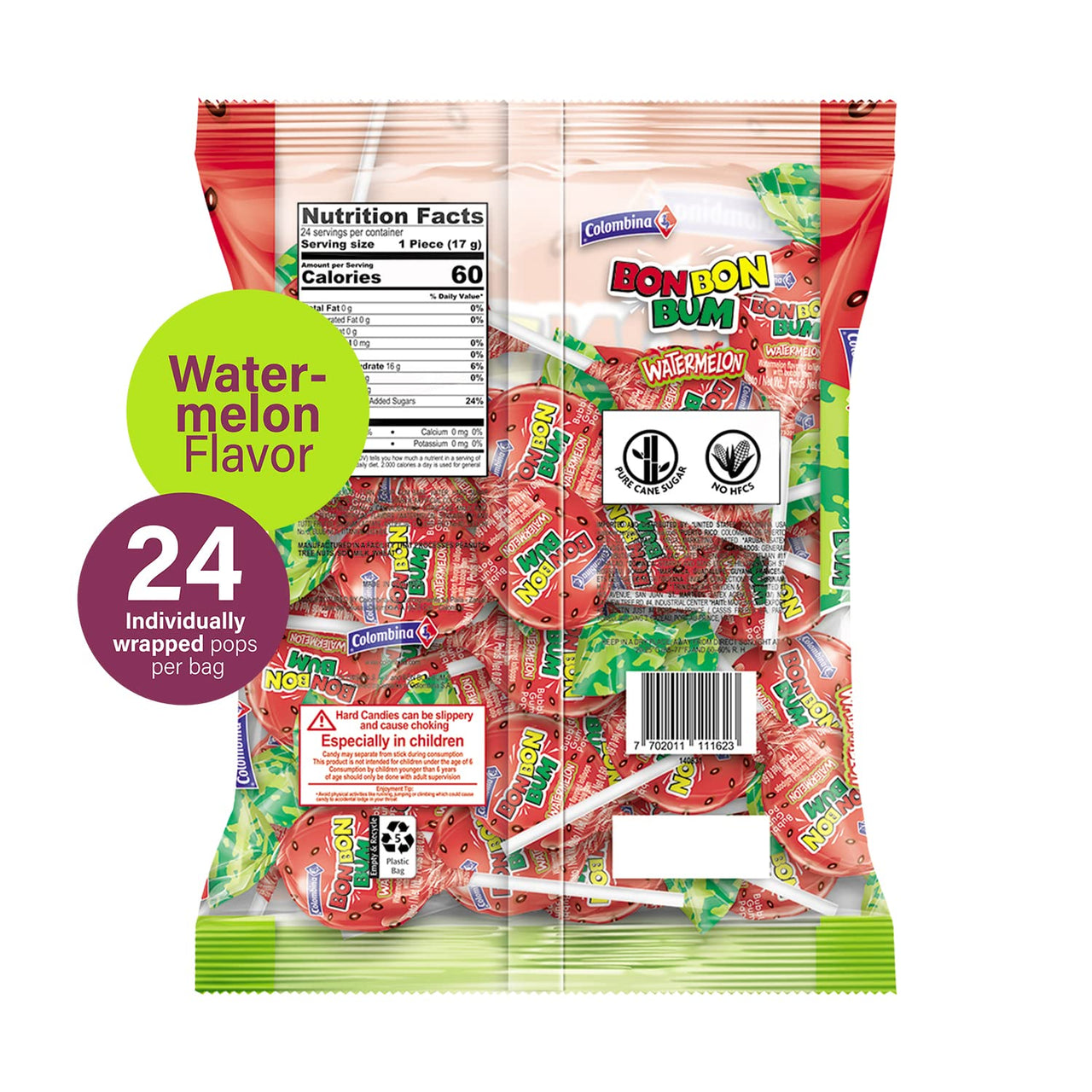 Colombina Bon Bon Bum Lollipops w/Bubble Gum Center - Watermelon Candy Flavor, Pack of Individually 24 Wrapped Gluten Free Pops, Ideal for Party Favors and Gifts, 14.4 oz bag, (24 count)