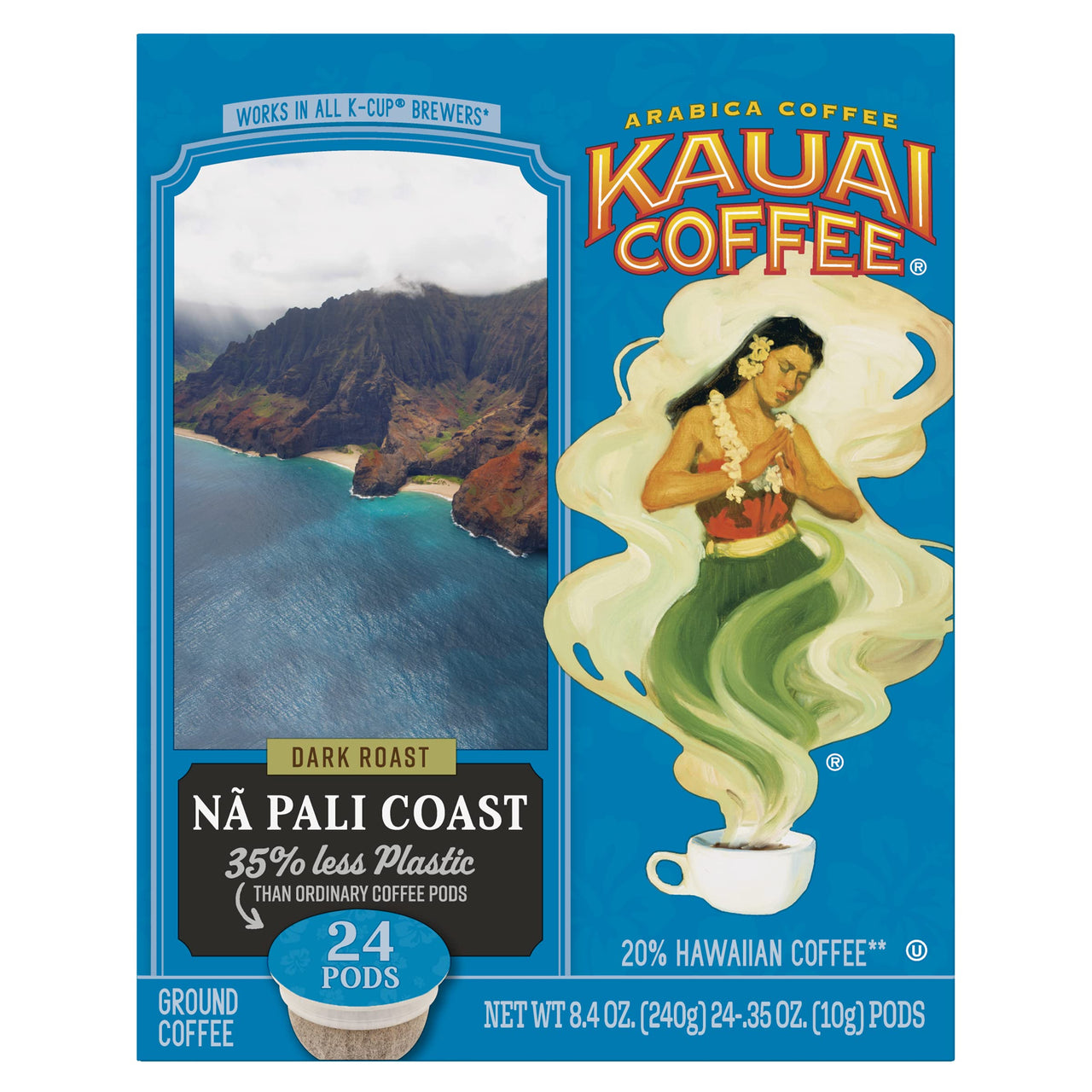 Kauai Coffee Single-Serve Pods, Na Pali Coast Dark Roast- Arabica Coffee, Grown, Harvested and Roasted in Hawaii, Keurig-Compatible Cups - 24 Count