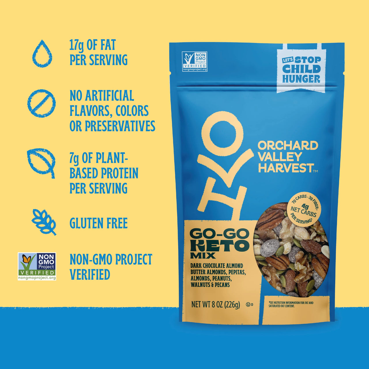 Orchard Valley Harvest Go-Go Keto Mix, 1 Pack (8oz), Dark Chocolate Almonds, Peanuts, Walnuts, And Pecans, Low Carb, Gluten Free, Non-GMO, 7g Of Plant Based Protein Per Serving