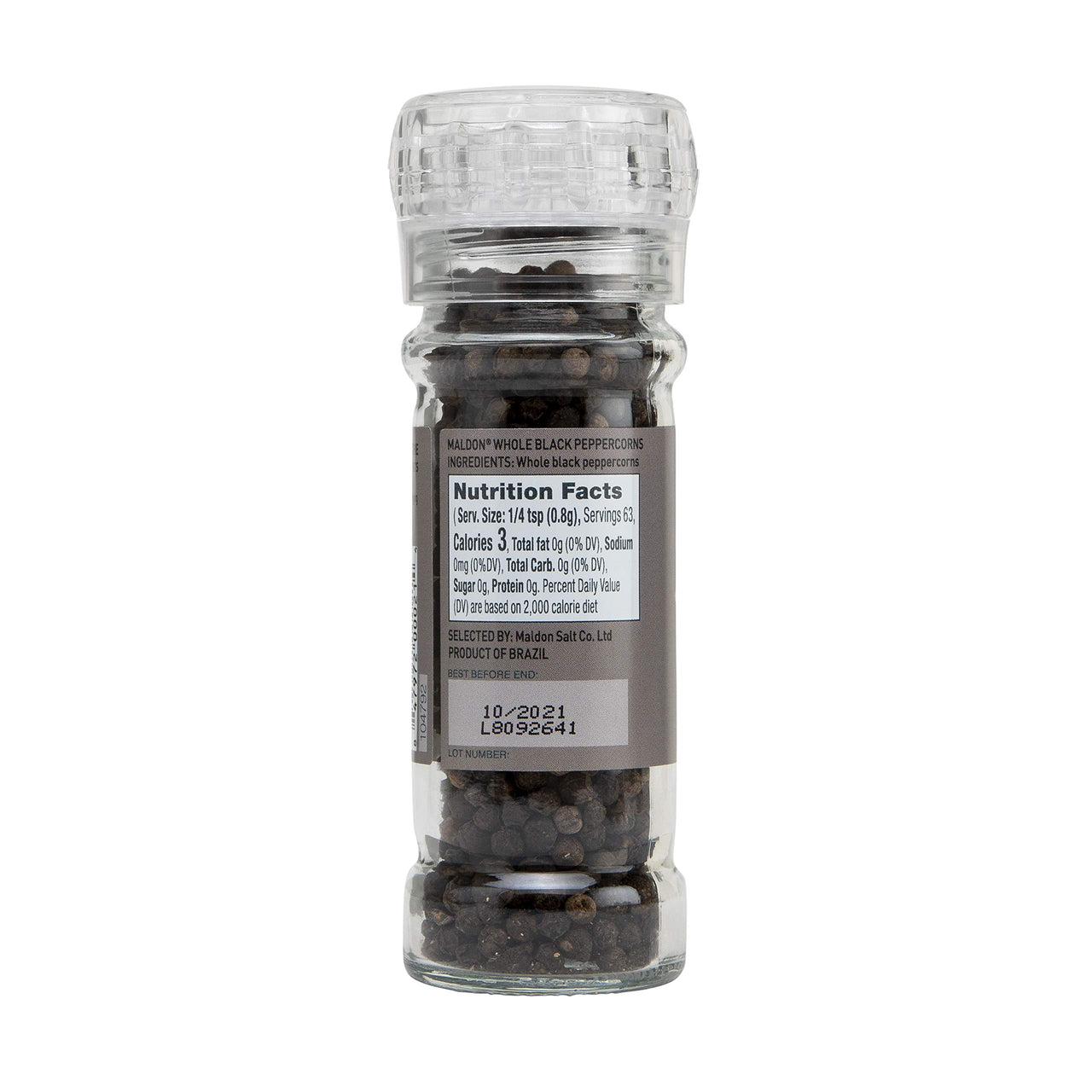 Maldon Salt, Whole Black Peppercorn Grinder, 50 g, Refillable and Adjustable, Kosher, Natural, Aromatic