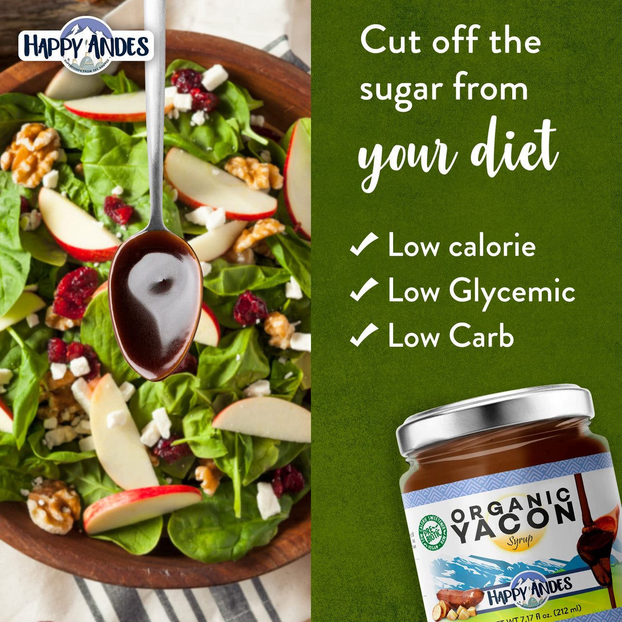 Happy Andes Organic Yacon Syrup oz. 100 Vegan Raw LowCalorie Peruvian Sweetener Sugar Substitute for Blood Glucose Control Healthy GlutenFree NonGMO Natural Prebiotic Superfood, honey, 7.17 Fl Oz