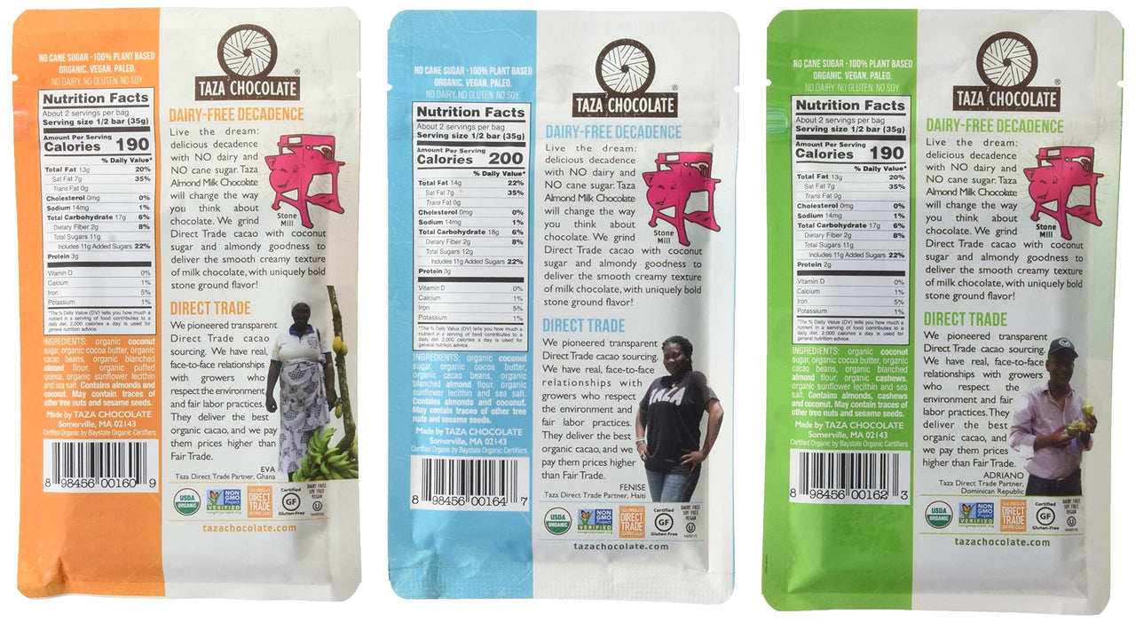 TAZA chocolate Organic Almond Milk Chocolate Variety Pack, 3Count, Vegan, Resealable Pouch, 2.5 Oz