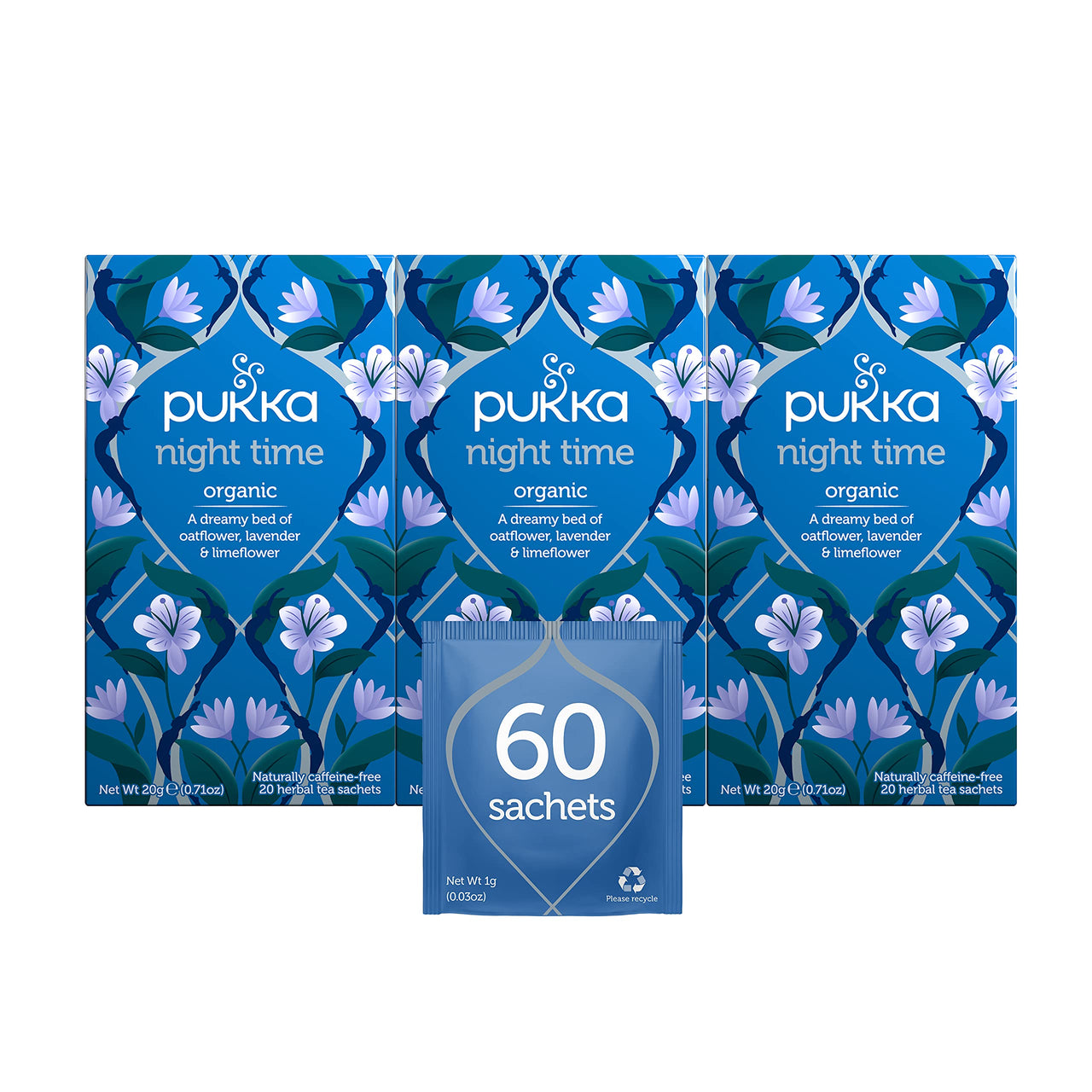 Pukka Organic Tea Bags, Night Time Herbal Tea with Chamomile, Lavendar & Valerian, Perfect for Easing into a Soothing Sleep, 20 Count (Pack of 3) 60 Tea Bags