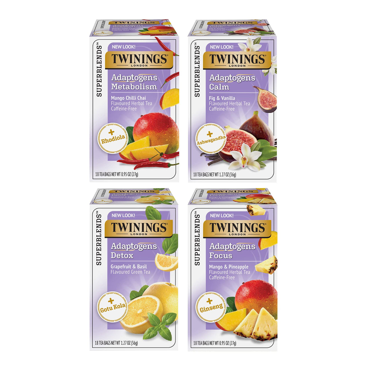 Twinings Superblends Adaptogens Wellness, Flavoured Herbal & Green Tea Variety Sampler Pack, 18 Count (Pack of 4)