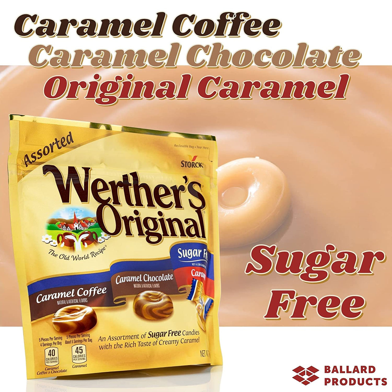 Werther's  Original Sugar Free Assorted Candy Pack of 2 Bags of Hard Candy (7.7oz Each) - 3 Flavors: Coffee, Chocolate, Caramel - Bundle with Ballard Products Pocket Bag