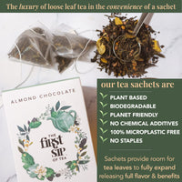 Almond Chocolate Green Tea, Pyramid Sachet Tea Bags, Dark Chocolate & Almond, Caffeinated, Hot & Iced Tea - 16 Cups | The Spice Hut, First Sip of Tea