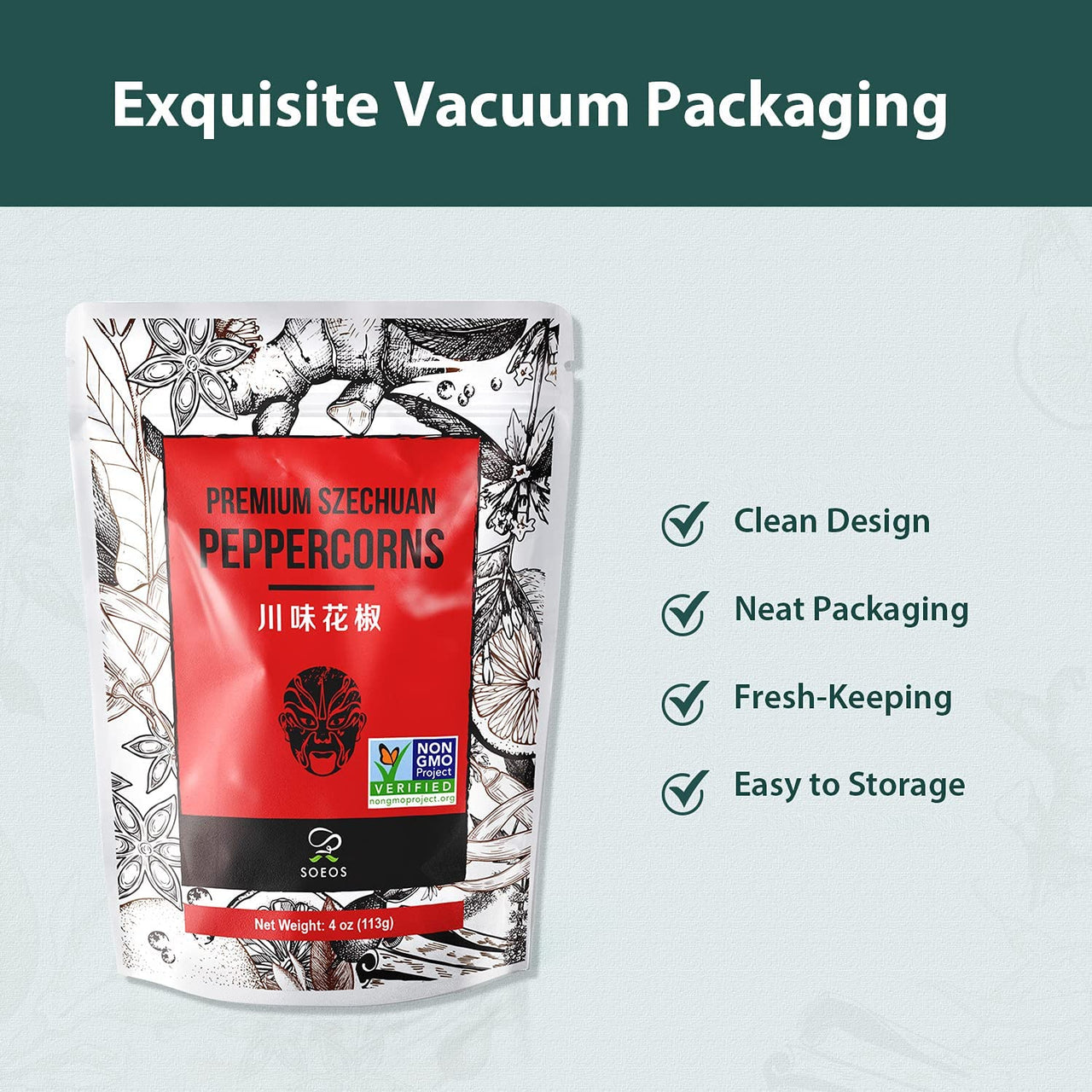 Soeos Sichuan Peppercorns, 4oz(113g), Authentic Szechuan Red Peppercorn, Numbing and Tingle Effect, Less Seeds, Strong Flavor, Essential for Mapo Tofu, Kung Pao Chicken and Asine Cusine